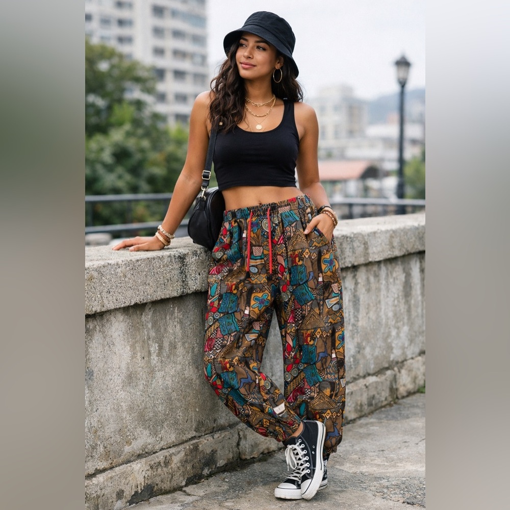 Boho Tribal Print Jogger Women's Pants. Size Medium